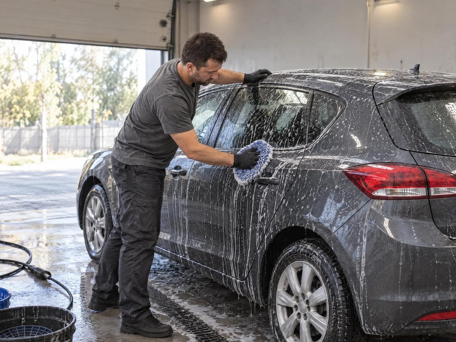 Auto wraca umyte po naprawie — Fleet Team Mycie auta po naprawie powypadkowej — mechanik myje samochód pokryty pianą przed zwrotem klientowi