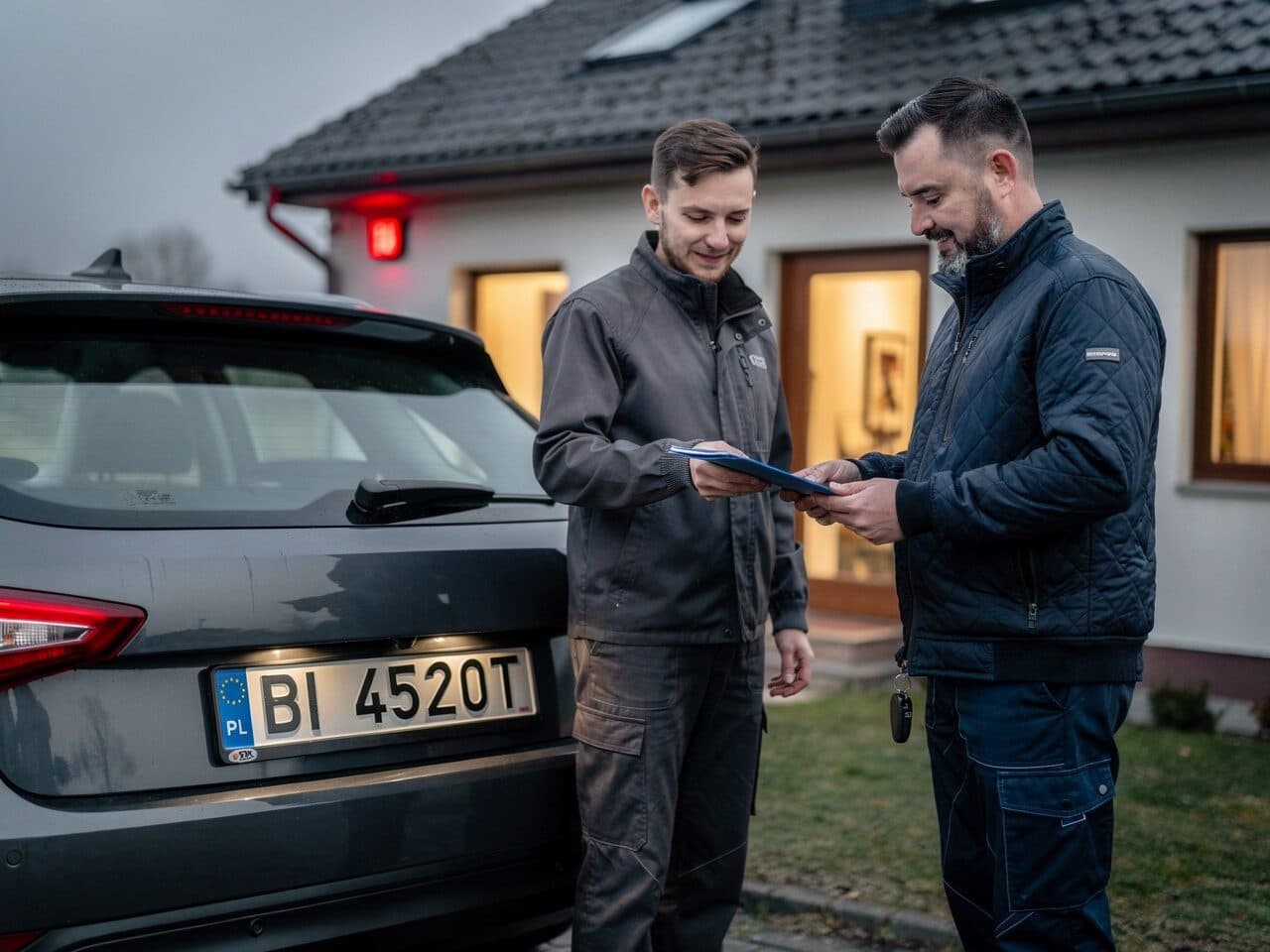 Finał — zwrot pojazdu i gwarancja jakości Odbiór auta po naprawie — pracownik Fleet Team przekazuje klientowi protokół odbioru pod jego domem